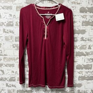 Liz Claiborne Burgundy Long-Sleeve Henley with Contrast Trim